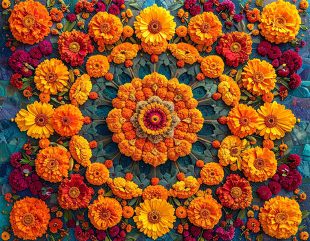 Kaleidoscope of zinnia flowers on blue background.の素材