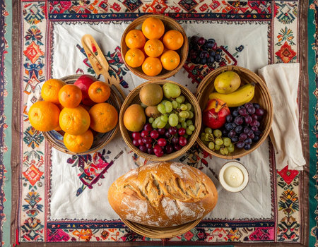 Top view of a basket of fresh fruits and bread on the tableの素材