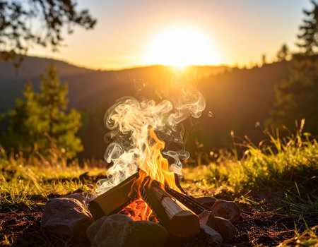 Bonfire in the mountains at sunset. Camping in nature.の素材