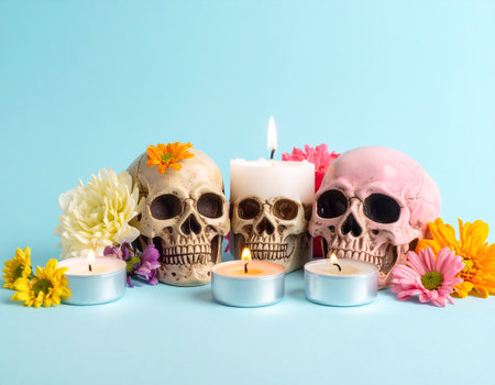 Skulls with flowers and candles on blue background. Halloween holiday conceptの素材