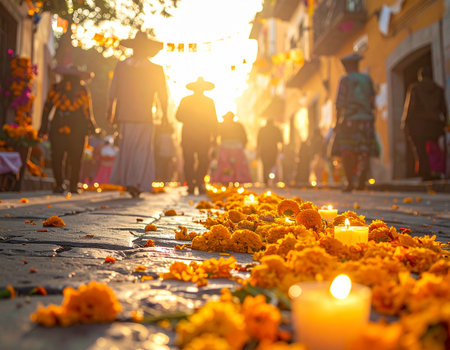Beautiful flowers and candles on the streets of Kolkata.の素材