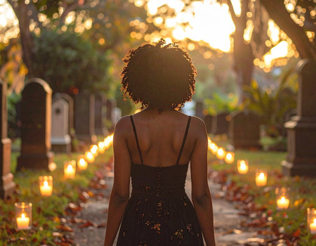 Back view of african american woman in black dress standing in cemetery at sunsetの素材