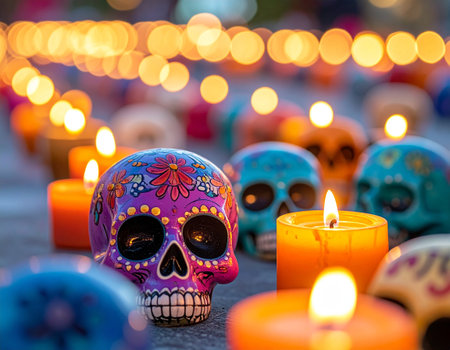 Day of the Dead celebration with sugar skull, burning candles and colorful candiesの素材