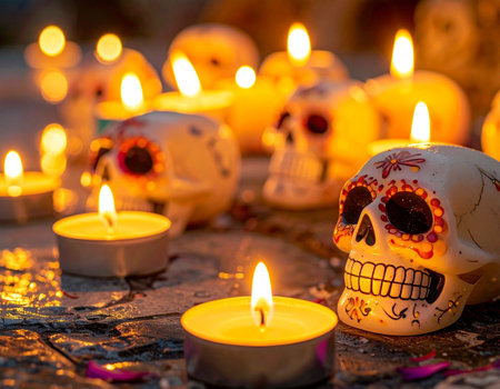 Day of the Dead Skulls with burning candles. Day of the Dead.の素材