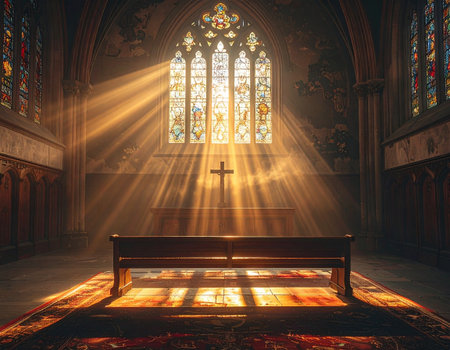 Church interior with stained glass windows and wooden bench. Concept of faith, spirituality and religion.の素材