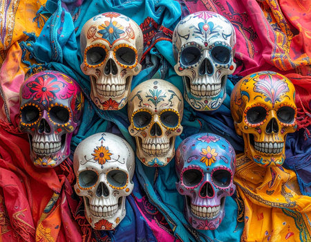 Day of the Dead sugar skulls and colorful fabrics in Mexico City, Mexicoの素材
