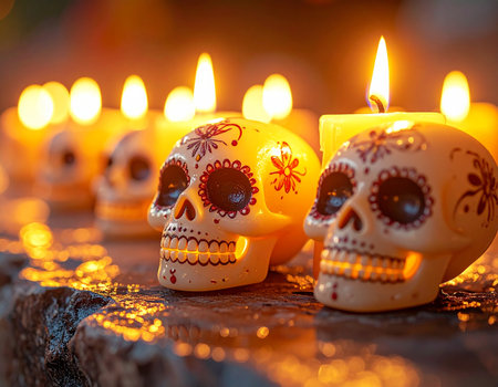 Day of the Dead candlestick with burning candles and skull.の素材