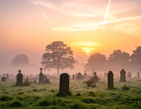 Gravestones in a misty graveyard at sunrise. UK.の素材