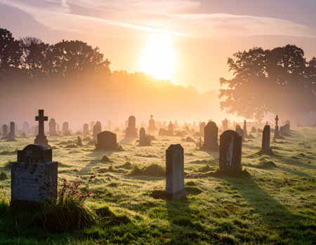 Old Jewish cemetery in the misty morning at sunrise, UK.の素材