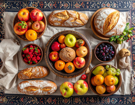 Bread and fruit on the table. Top view, copy spaceの素材