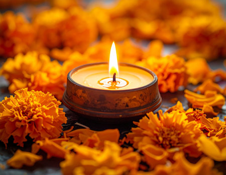 Burning candle with marigold flowers on black wooden table.の素材