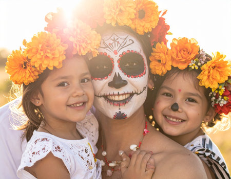 Mexican mother and daughters with sugar skull makeup for Dia de los Muertos celebrationの素材