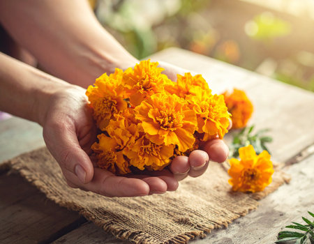 Close up of woman hands holding marigold flowers on wooden tableの素材