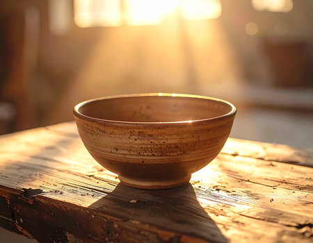 Empty clay bowl on a wooden table in the rays of the sunの素材