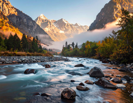 Mountain river in the autumn forest. Russia, Siberia, Altai mountains.の素材