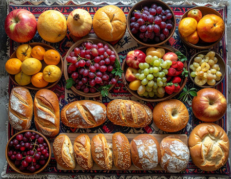 Bread, fruit and buns on the table. Top viewの素材