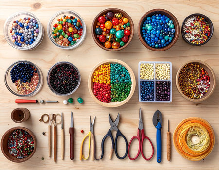 Colorful beads in wooden bowls and tools on wooden table, top viewの素材