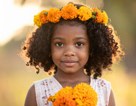Portrait of a cute little african american girl with flowers in her hairの素材