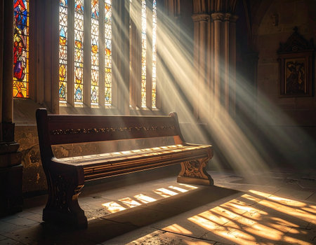 Sun rays passing through the stained glass windows of Westminster Abbey, London, UKの素材