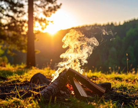 Bonfire in the forest at sunset. Camping and hiking conceptの素材