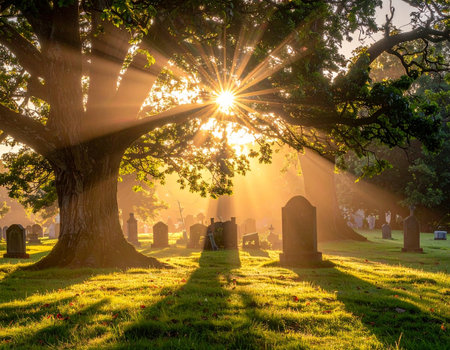 Sunrise in the old cemetery with rays of light shining through the treesの素材