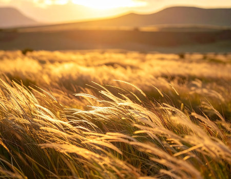 Sunset on a wheat field in the summer. Shallow depth of fieldの素材