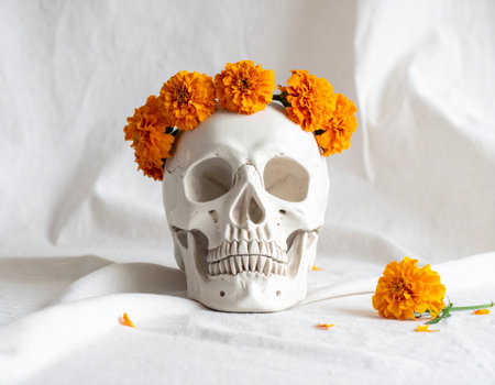 skull and marigold flowers on white background, halloween conceptの素材