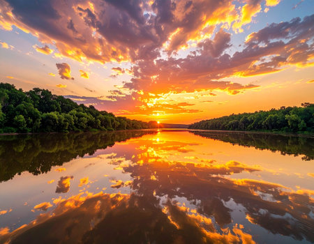 Beautiful sunset over the river with clouds reflected in the water and treesの素材