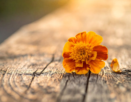 Marigold flower on old wood background with sun light and copy spaceの素材