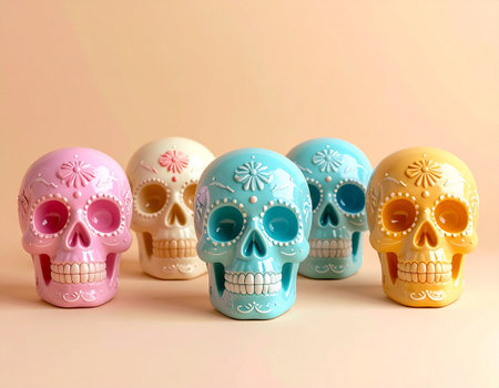 Day of the Dead sugar skulls on a pastel colored background.の素材