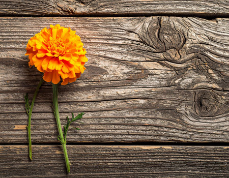 Marigold flower on wooden background. Top view with copy spaceの素材