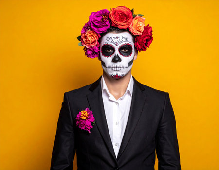 Portrait of a man with sugar skull makeup and flowers on his head against yellow backgroundの素材