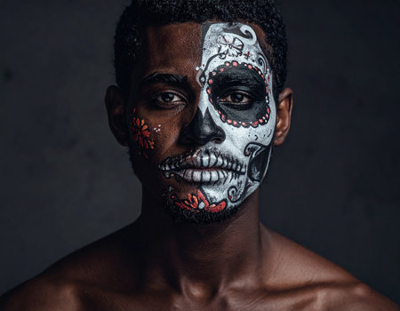 Portrait of a young african american man with sugar skull makeupの素材