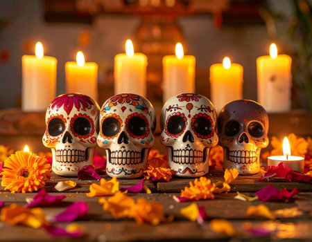 Day of the Dead Sugar Skulls with burning candles on wooden backgroundの素材