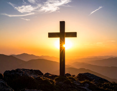 Silhouette of a cross on top of a mountain at sunsetの素材