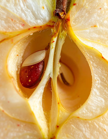 Macro of an apple core with seeds. Macro photography of a fruit.の素材