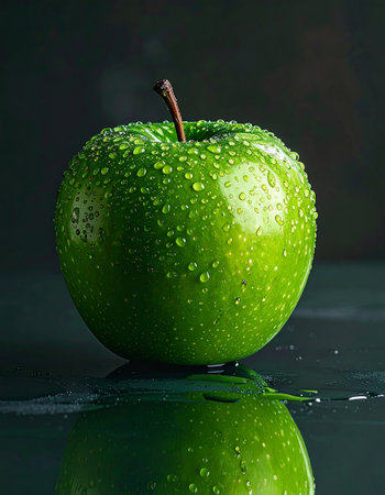 Green apple with water drops on a dark background. Studio shot.の素材