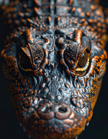 Crocodile head on black background. Close-up.の素材