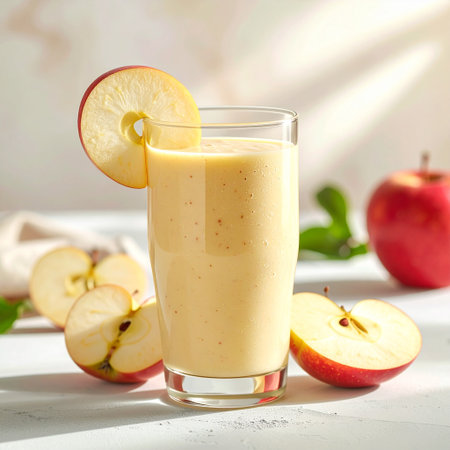 Glass of fresh apple smoothie with sliced apples on white wooden tableの素材