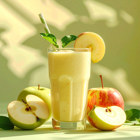Glass of apple smoothie with fresh apples and mint on green backgroundの素材