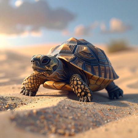 turtle on the sand in the desert. 3d render.の素材