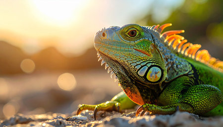 Green iguana on the beach at sunset. Green iguana close upの素材