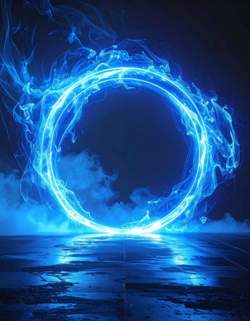 Abstract blue neon circle on a dark background with smoke and light effectsの素材