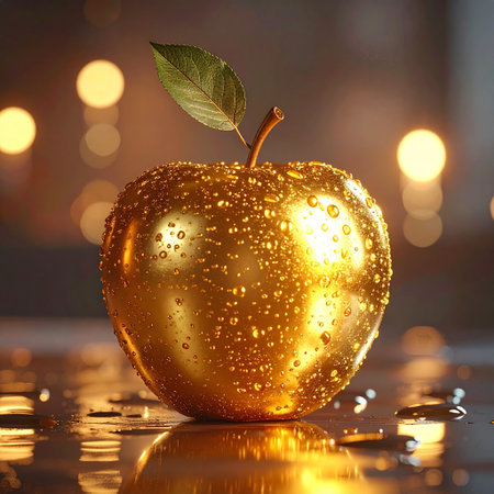 Golden apple with water drops on bokeh background, closeupの素材