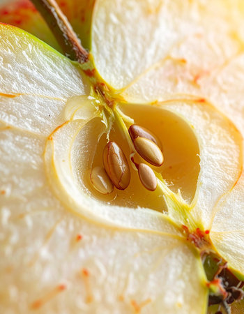 Close up of sliced apple with seeds on a white background. Macroの素材