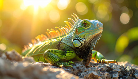 Green iguana on the rock in the morning sun. Close upの素材