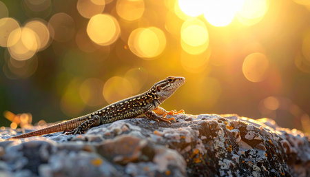 Closeup of a lizard sitting on a rock in the sunlight.の素材