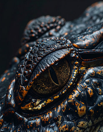 Close up of the eye of a crocodile on a black backgroundの素材