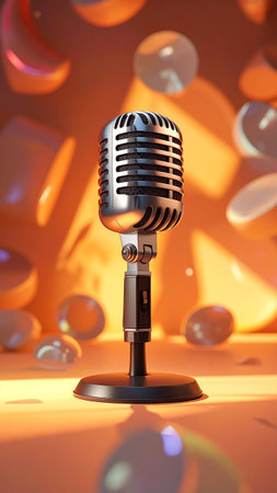 Retro microphone on orange background. 3D illustration. Vintage style.の素材
