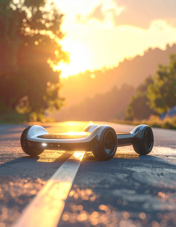 Close-up of black gyro scooter on the road at sunsetの素材